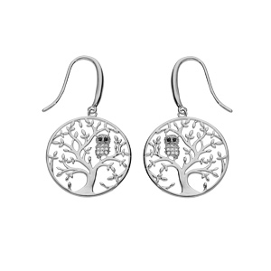 Boucles d\'oreille en argent rhodi anneau suspendu avec arbre de vie et hibou - chouette empierr et fermoir crochet - Vue 1