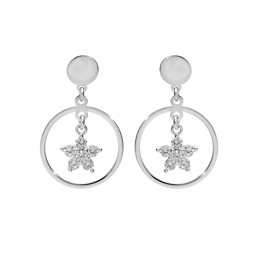 Boucles d\'oreille en argent rhodi� anneau suspendu avec �toile d\'oxydes blancs et fermoir poussette - Vue 1
