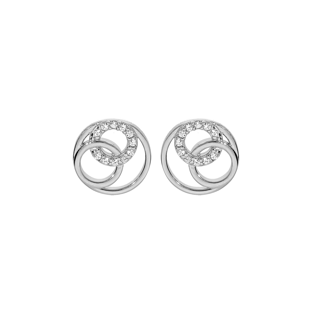 Boucles d\'oreille en argent rhodi� anneaux �vid�s avec oxydes blancs sertis et fermoir poussette - Vue 1