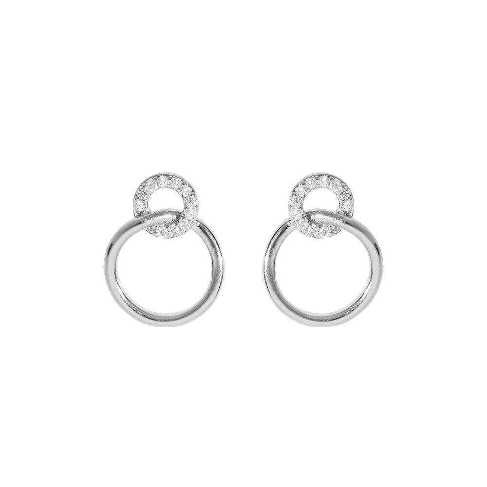 Boucles d\'oreille en argent rhodi� anneaux lisse et avec oxydes blancs et fermoir poussette - Vue 1