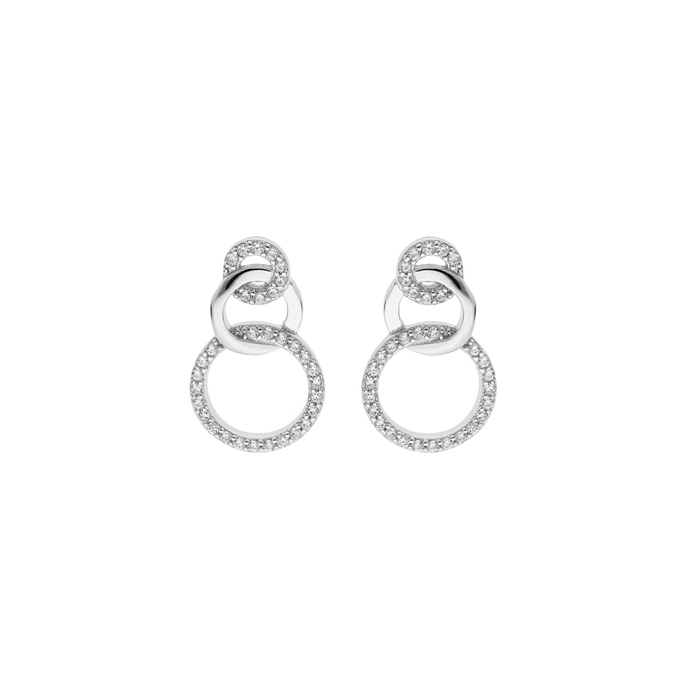 Boucles d\'oreille en argent rhodi� 3 anneaux lisse et avec oxydes blancs sertis et fermoir poussette - Vue 1