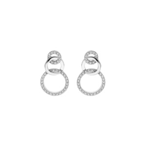 Boucles d\'oreille en argent rhodi 3 anneaux lisse et avec oxydes blancs sertis et fermoir poussette - Vue 1