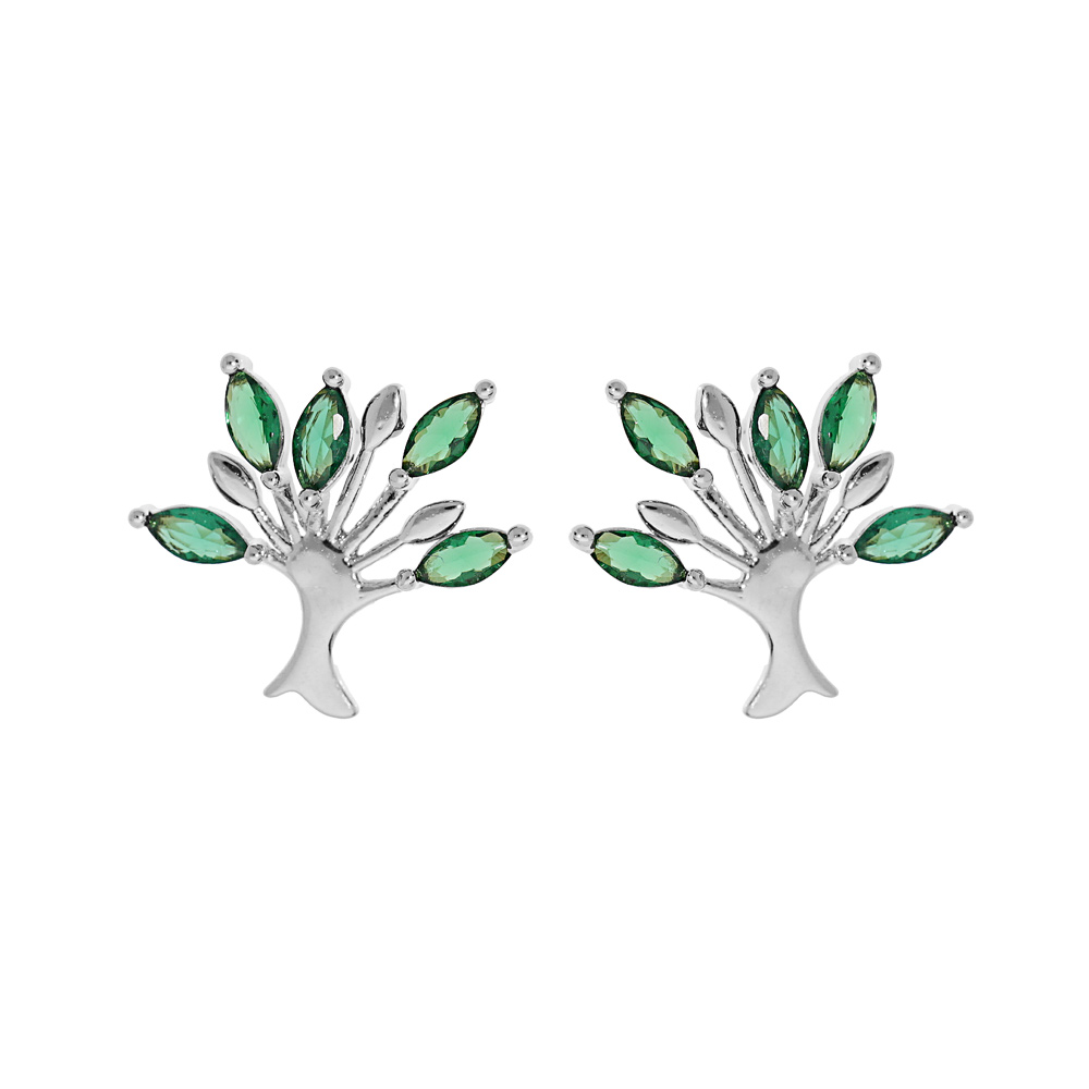 Boucles d\'oreille en argent rhodi� arbre de vie avec oxydes verts et fermoir poussette - Vue 1