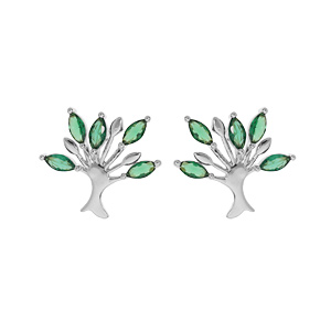Boucles d\'oreille en argent rhodi arbre de vie avec oxydes verts et fermoir poussette - Vue 1