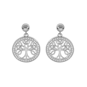 Boucles d\'oreille en argent rhodi arbre de vie celtique 14mm suspendu contour oxydes blancs sertis et fermoir poussette - Vue 1