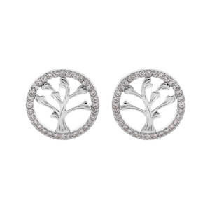 Boucles d\'oreille en argent rhodi arbre de vie contour oxydes blancs sertis et fermoir poussette - Vue 1