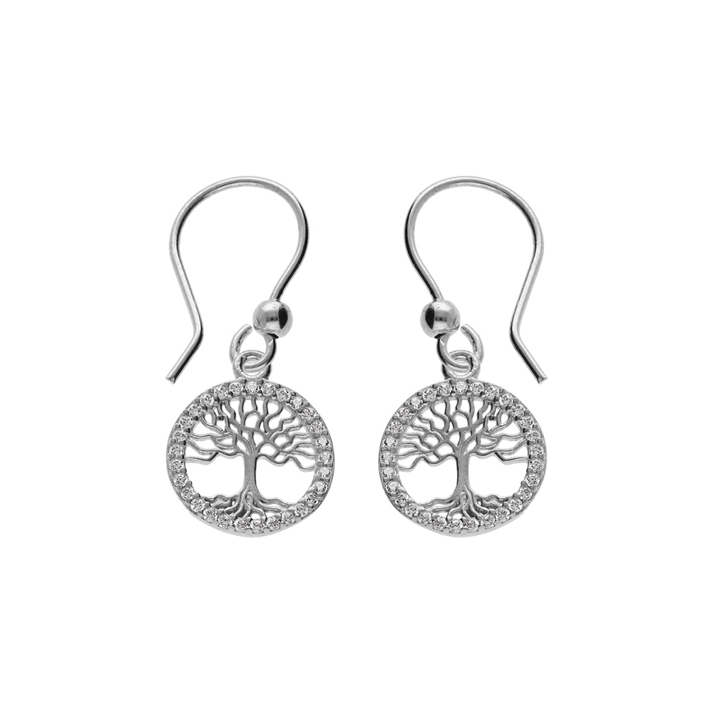 Boucles d\'oreille en argent rhodi� arbre de vie contour oxydes blancs sertis, fermoir crochet - Vue 1