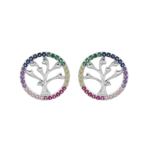 Boucles d\'oreille en argent rhodi arbre de vie contour oxydes multicouleurset fermoir poussette - Vue 1