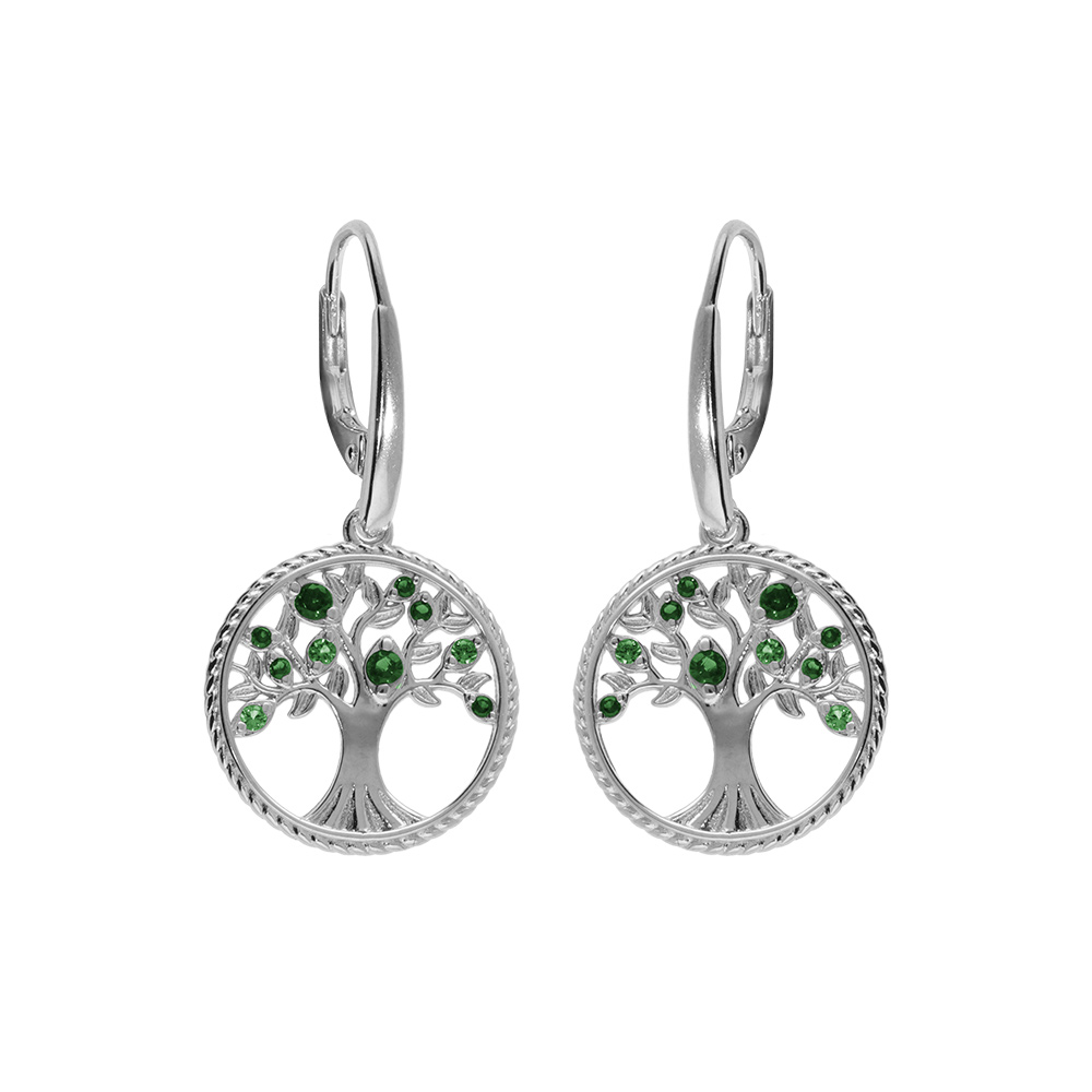 Boucles d\'oreille en argent rhodi� arbre de vie contour perl� avec oxydes verts, fermoir dormeuse - Vue 1