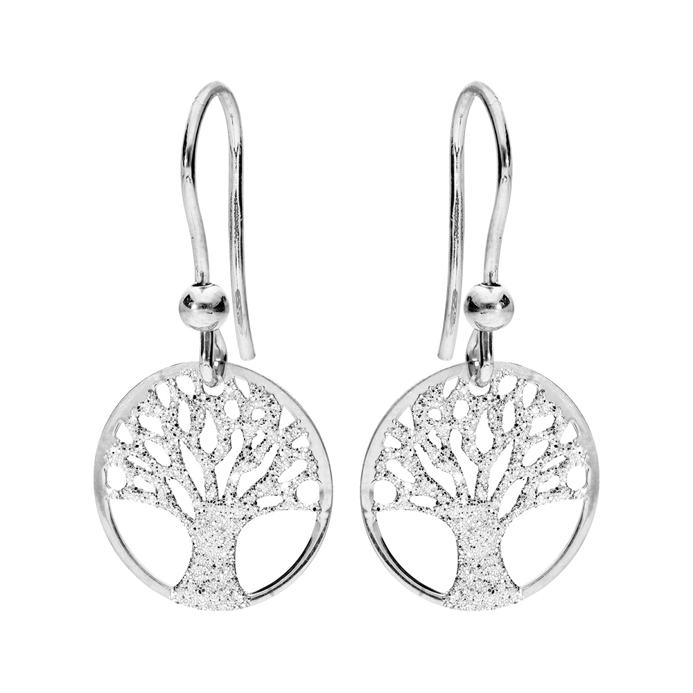 Boucles d\'oreille en argent rhodi� arbre de vie granit� 15mm suspendu et fermoir crochet - Vue 1