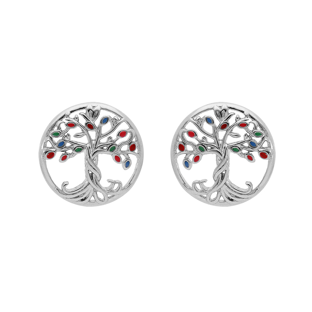 Boucles d\'oreille en argent rhodi� arbre de vie multi couleurs et fermoir poussette - Vue 1