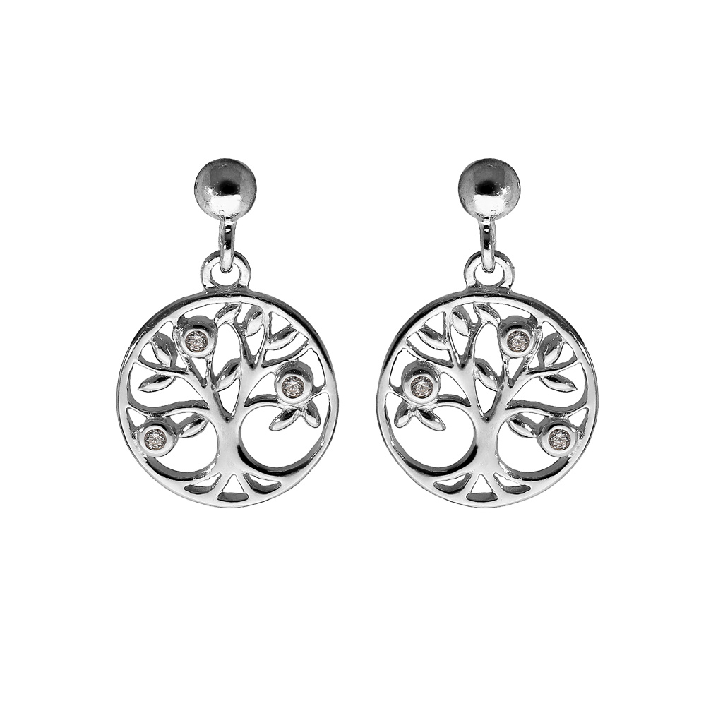 Boucles d\'oreille en argent rhodi� arbre de vie suspendu oxydes blancs sertis et fermoir poussette - Vue 1