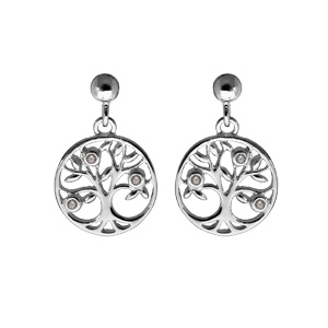 Boucles d\'oreille en argent rhodi arbre de vie suspendu oxydes blancs sertis et fermoir poussette - Vue 1