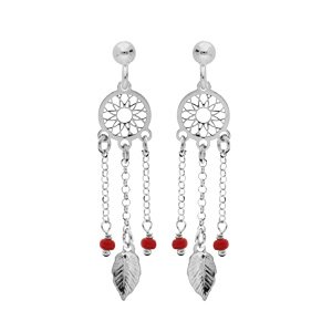 Boucles d\'oreille en argent rhodi attrape suspendu et boules rouges et fermoir poussette - Vue 1