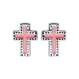 Boucles d\'oreille en argent rhodi avec Croix rose et fermoir poussette - Vue 1
