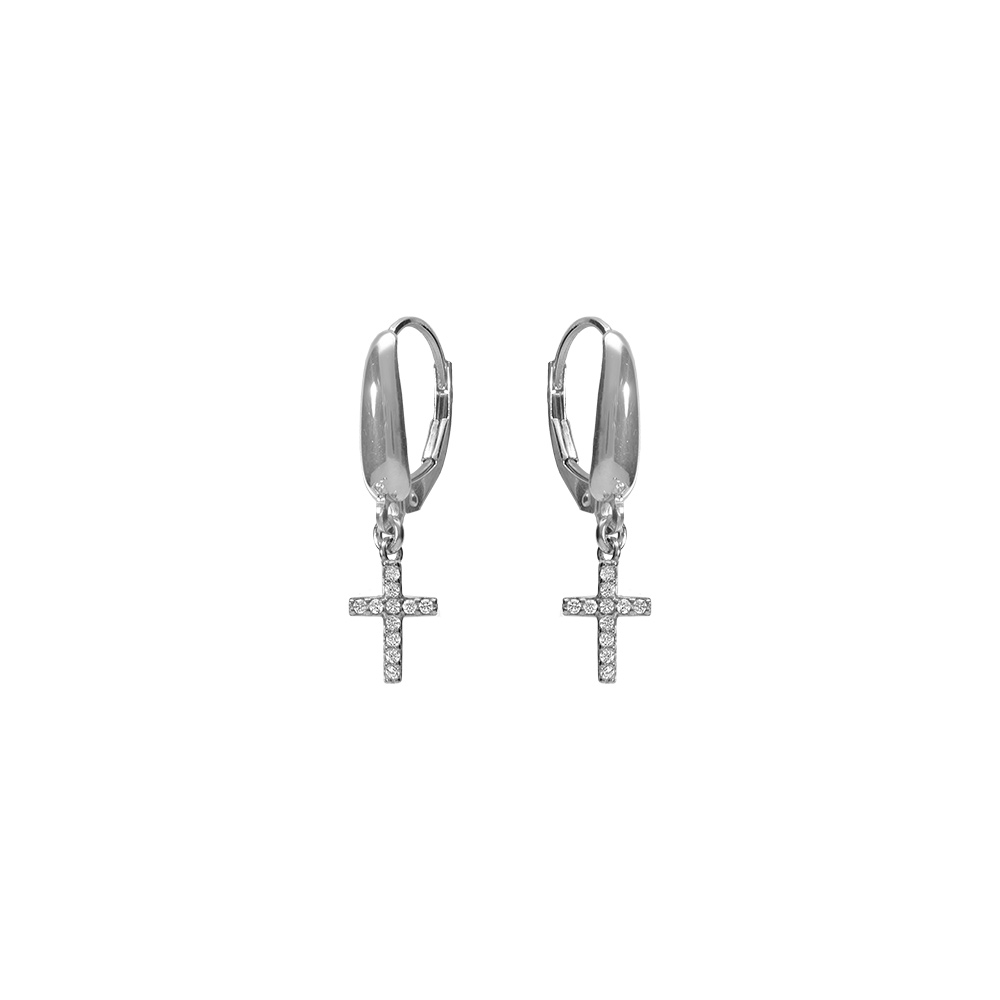 Boucles d\'oreille en argent rhodi avec croix suspendue avec oxydes blancs - Vue 1