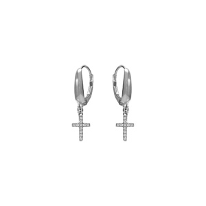 Boucles d\'oreille en argent rhodié avec croix suspendue avec oxydes blancs - Vue 1