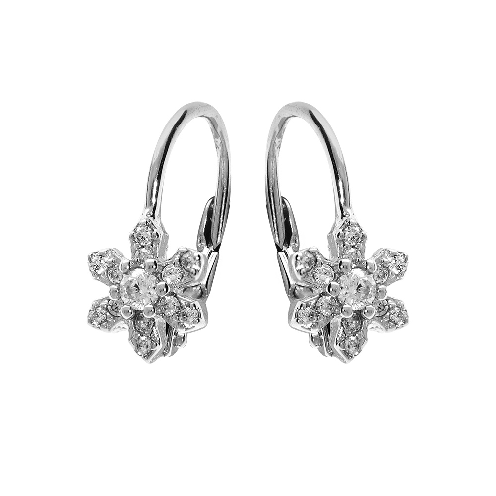 Boucles d\'oreille en argent rhodi� avec fleur oxydes blancs et fermoir dormeuse - Vue 1