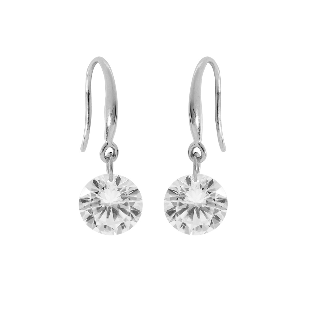 Boucles d\'oreille en argent rhodi� avec oxyde blanc facett� suspendu et fermoir crochet - Vue 1