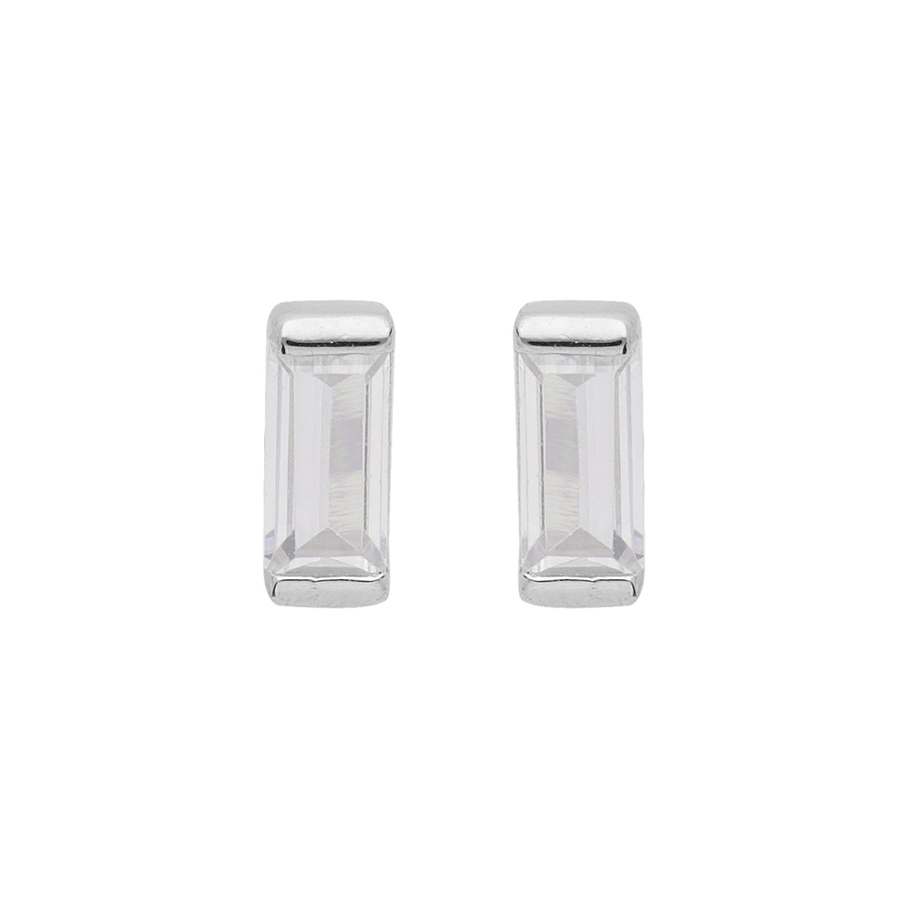 Boucles d\'oreille en argent rhodi avec oxyde blanc rectangulaire et fermoir poussette - Vue 1