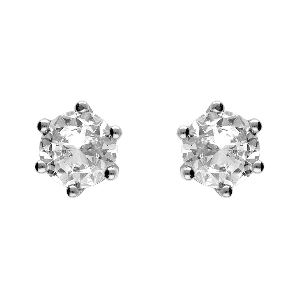 Boucles d\'oreille en argent rhodi� avec oxyde blanc rond 6mm 6 griffes - Vue 1