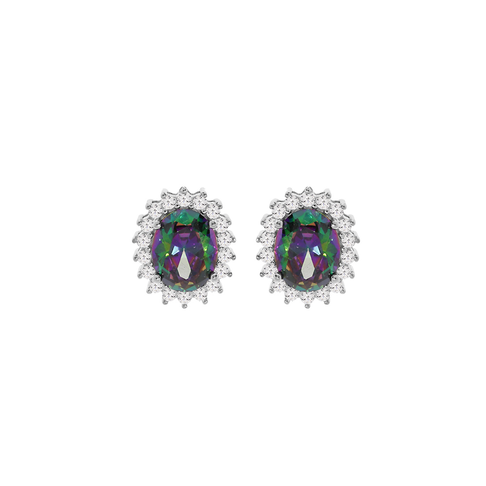 Boucles d\'oreille en argent rhodi� avec oxyde oval mystique arc en ciel et contour dentelle oxydes blancs et fermoir poussette - Vue 1