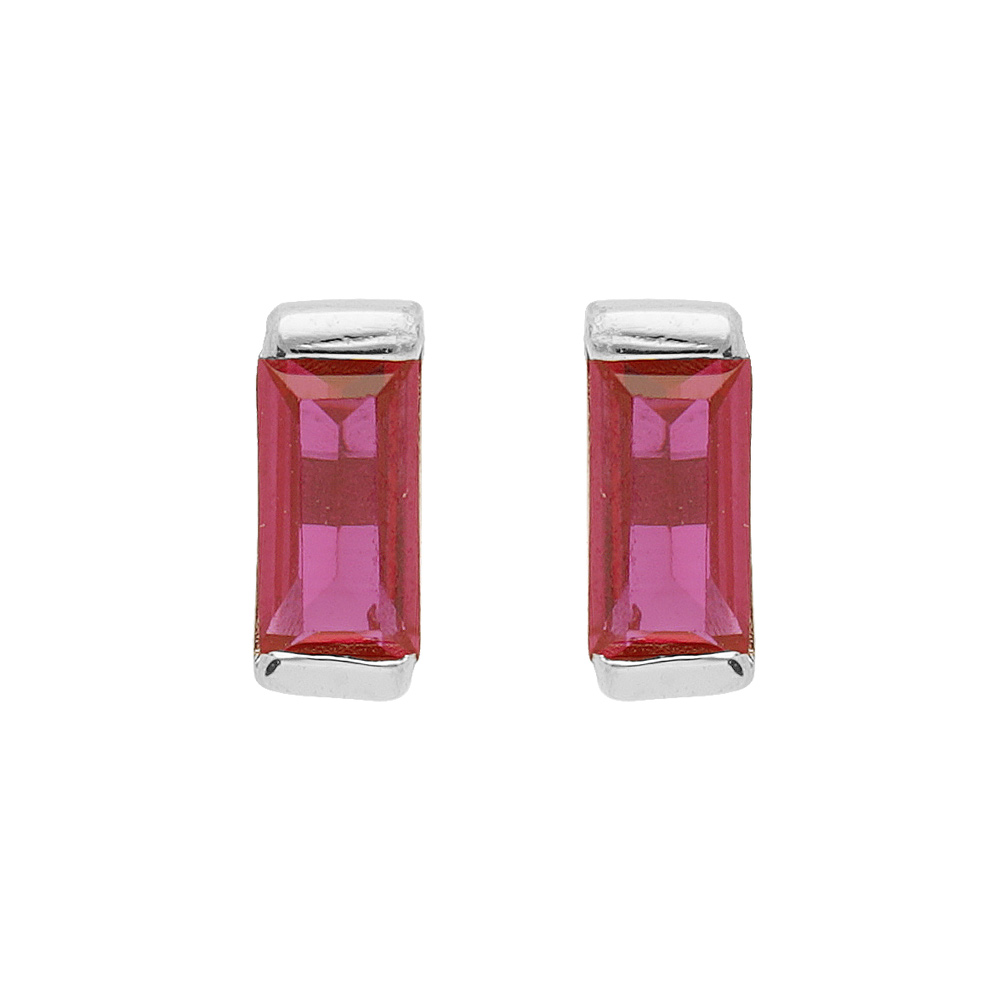 Boucles d\'oreille en argent rhodi� avec oxyde rose rectangulaire et fermoir poussette - Vue 1