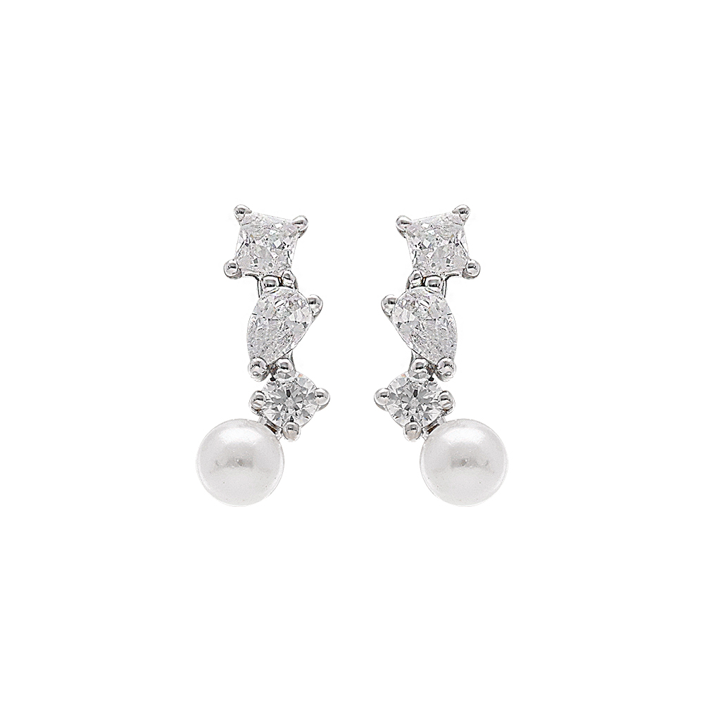 Boucles d\'oreille en argent rhodi� avec perle de culture d\'eau douce blanche et 3 oxydes blancs - Vue 1