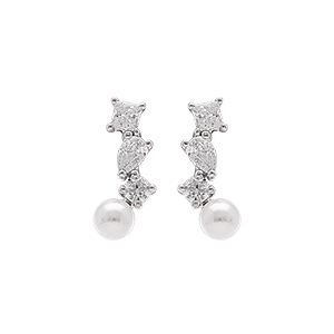 Boucles d\'oreille en argent rhodié avec perle de culture d\'eau douce blanche et 3 oxydes blancs - Vue 1