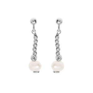 Boucles d\'oreille en argent rhodi avec perle de culture d\'eau douce blanche suspendue et fermoir poussette - Vue 1