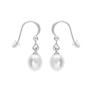 Boucles d\'oreille en argent rhodi avec Perle de culture d\'eau douce goutte blanche 8mm suspendue et fermoir crochet - Vue 1