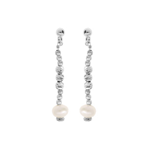 Boucles d\'oreille en argent rhodi boules diamantes avec perle de culture d\'eau douce blanche suspendue et fermoir poussette - Vue 1