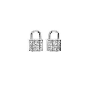 Boucles d\'oreille en argent rhodi cadenas avec oxydes blancs sertis et fermoir poussette - Vue 1