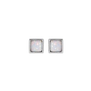 Boucles d\'oreille en argent rhodi carr avec Opale blanche de synthse et fermoir poussette - Vue 1