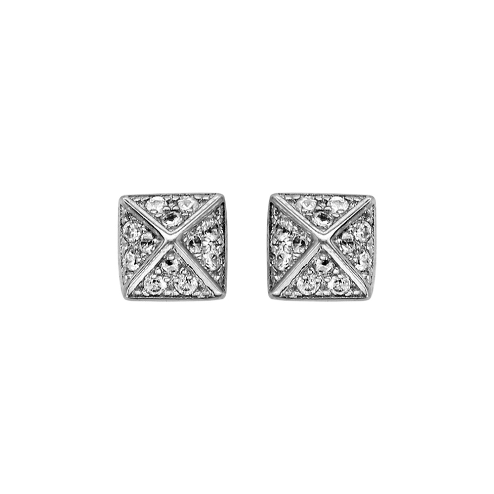 Boucles d\'oreille en argent rhodi� carr� crois� pav� d\'oxydes blancs sertis et fermoir poussette - Vue 1