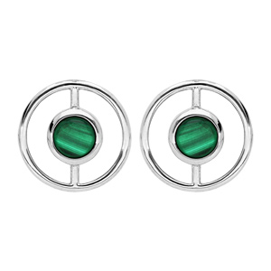 Boucles d\'oreille en argent rhodi cercle avec Malachite vritable et fermoir poussette - Vue 1