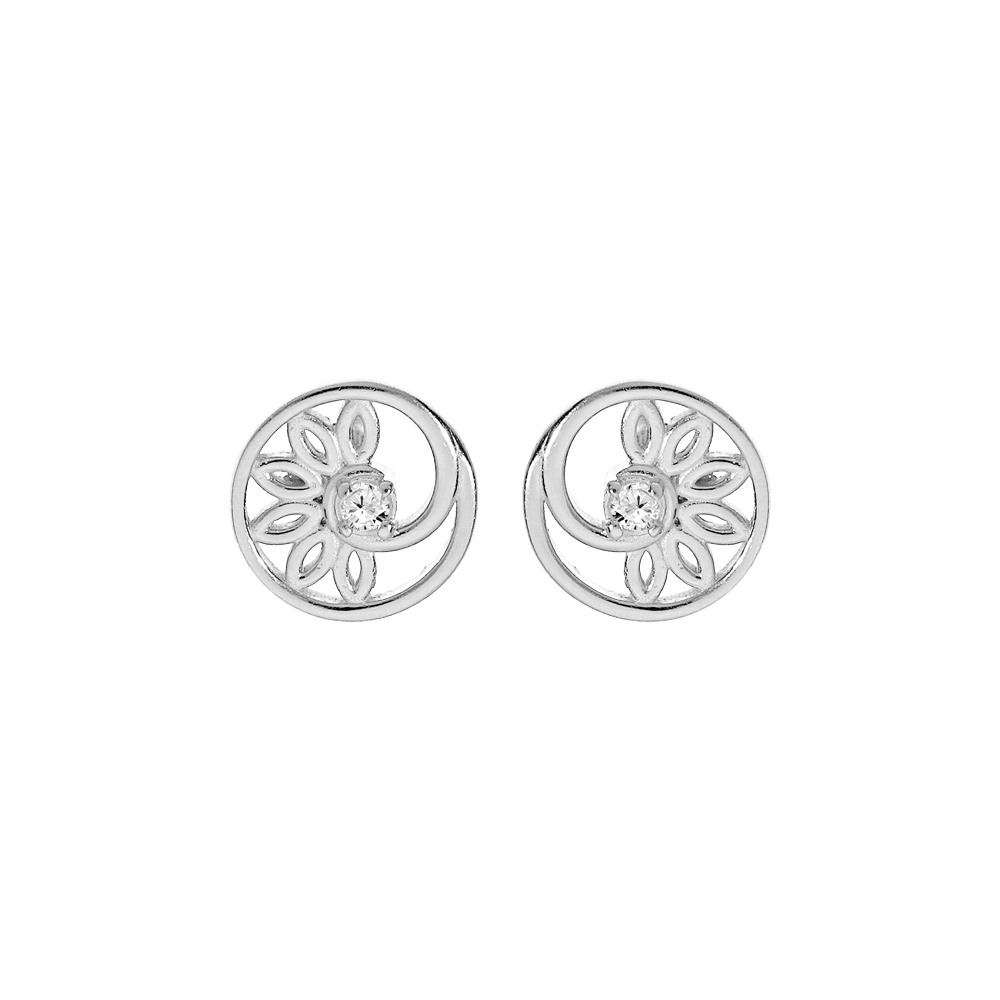 Boucles d\'oreille en argent rhodi� cercle motif fleur et oxyde blanc et fermoir poussette - Vue 1