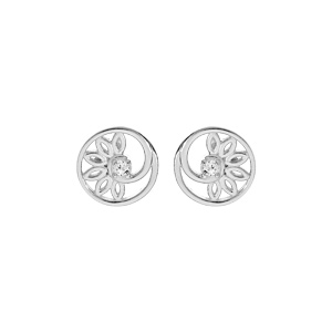 Boucles d\'oreille en argent rhodi cercle motif fleur et oxyde blanc et fermoir poussette - Vue 1