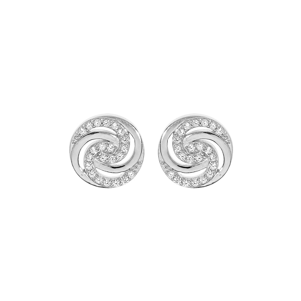 Boucles d\'oreille en argent rhodi� cercle motif spirale d\' oxydes blancs et fermoir poussette - Vue 1
