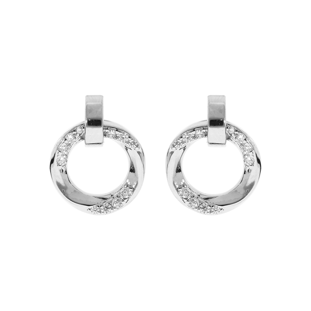 Boucles d\'oreille en argent rhodi� cercle ondul� avec oxydes blancs sertis et fermoir poussette - Vue 1