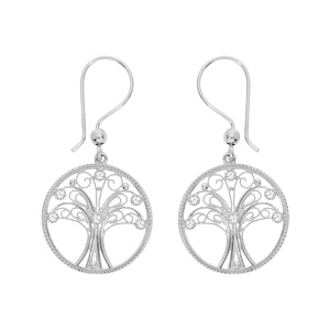 Boucles d\'oreille en argent rhodi cercle suspendu avec arbre de vie en filigrane et oxydes blancs sertis fermoir crochet - Vue 1