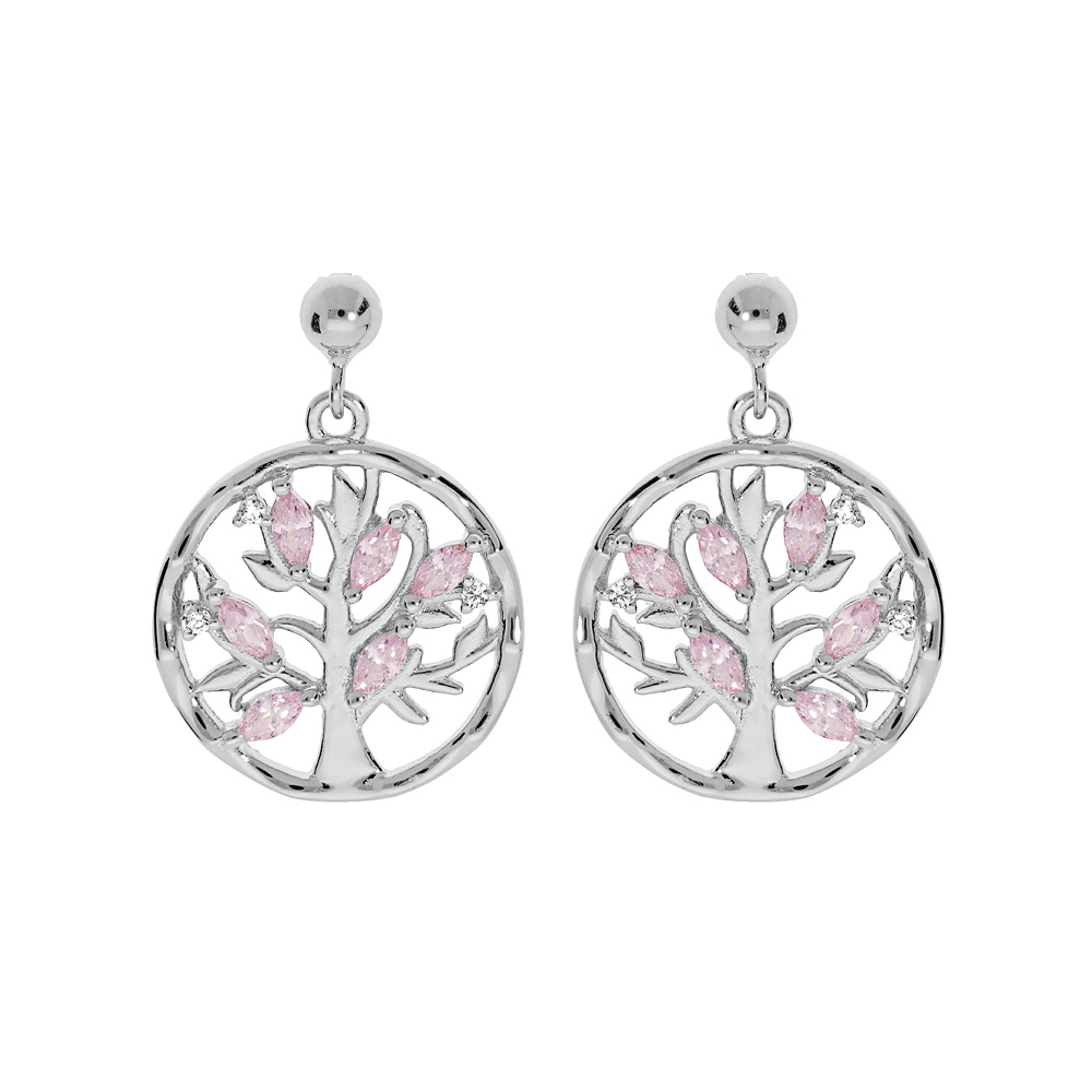 Boucles d\'oreille en argent rhodi� cercle suspendu motif arbre de vie avec oxydes rose clair et fermoir poussette - Vue 1