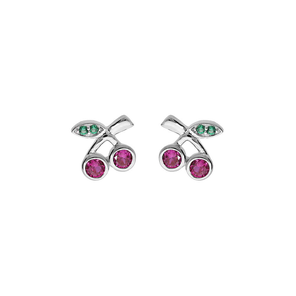 Boucles d\'oreille en argent rhodi� cerise avec oxydes rose et vert et fermoir poussette - Vue 1