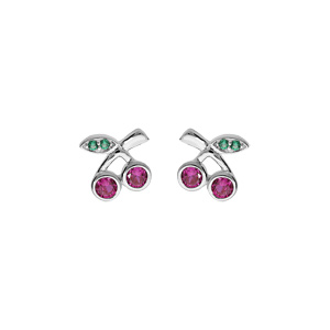 Boucles d\'oreille en argent rhodi cerise avec oxydes rose et vert et fermoir poussette - Vue 1