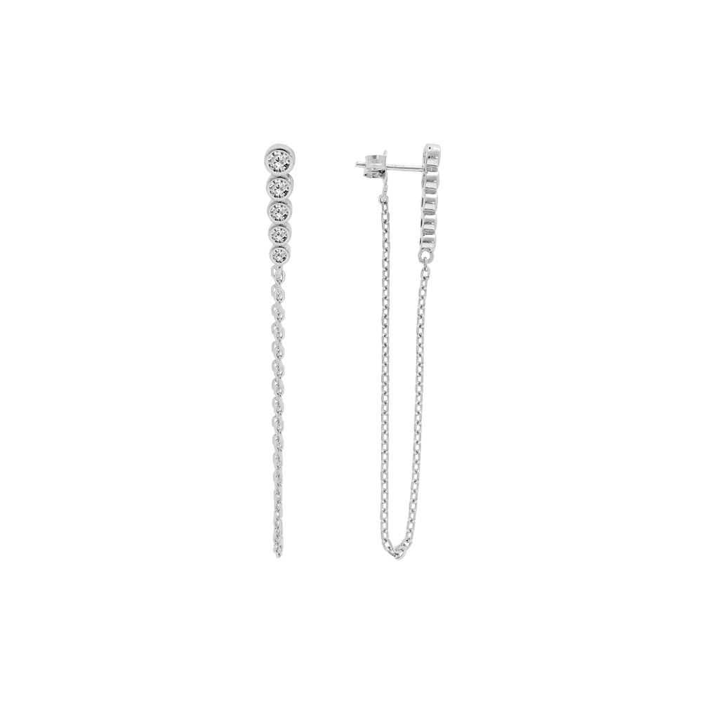 Boucles d\'oreille en argent rhodi� cha�nette accroch� au fermoir poussette et rail oxydes blancs en chute - Vue 1