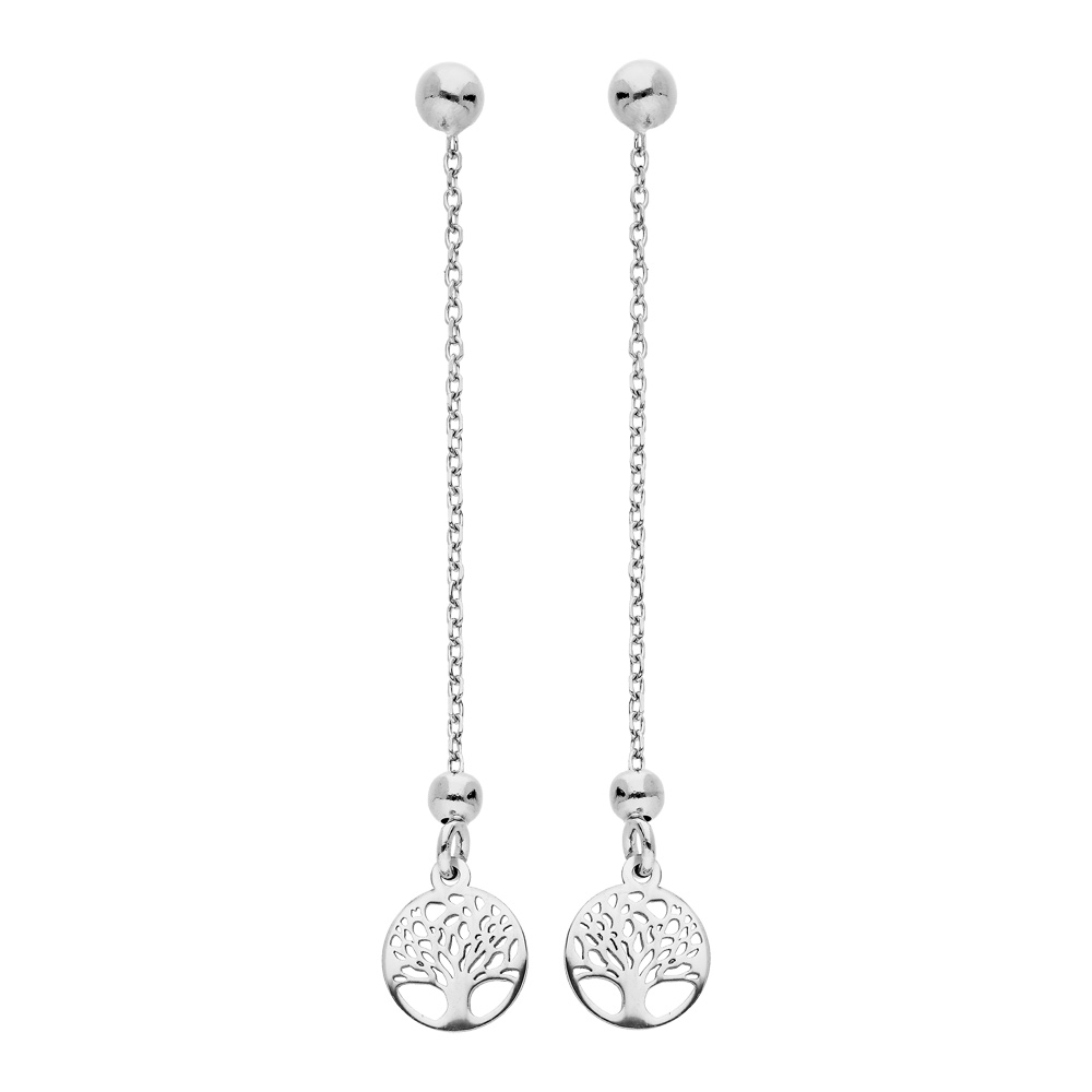 Boucles d\'oreille en argent rhodi� cha�nette avec arbre de vie suspendu et fermoir poussette - Vue 1