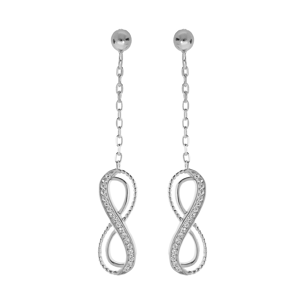 Boucles d\'oreille en argent rhodi� cha�nette avec motif infini suspendu avec oxydes blancs sertis et fermoir poussette - Vue 1