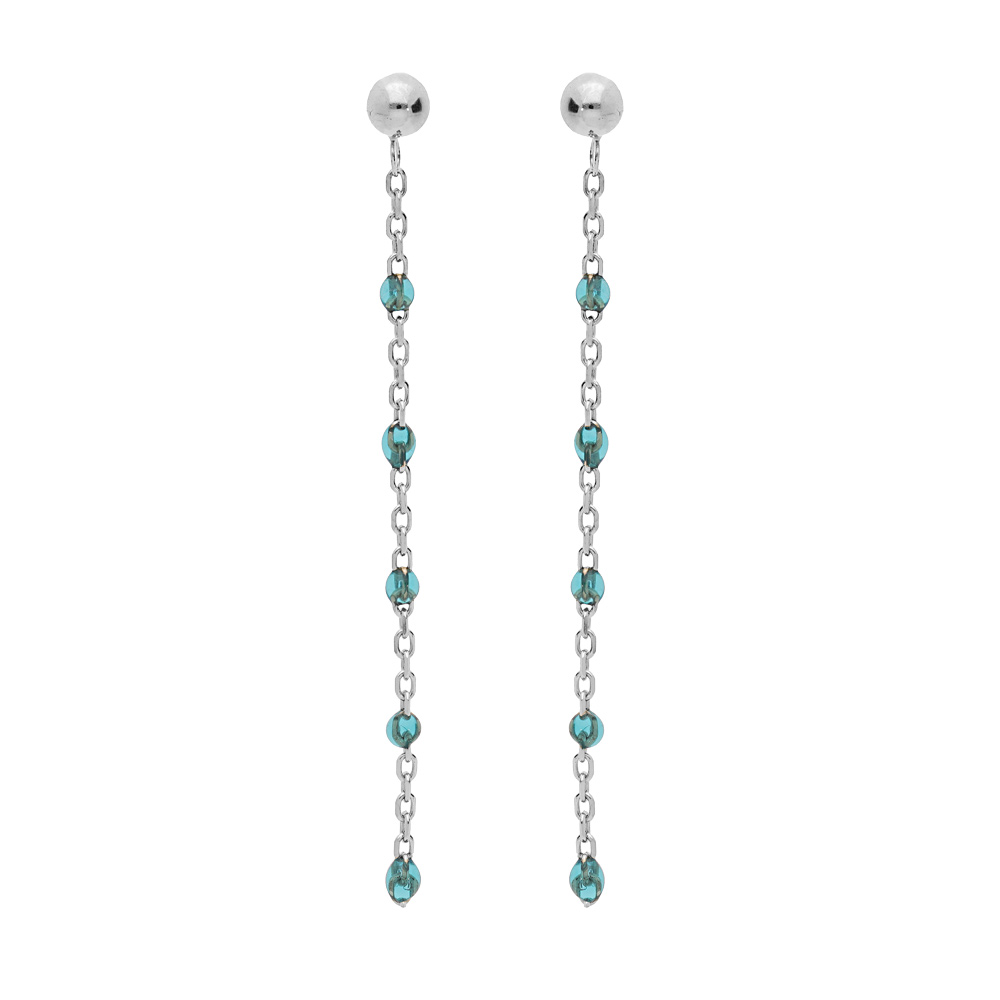 Boucles d\'oreille en argent rhodi� cha�nette avec olives couleur bleu transparent et fermoir poussette - Vue 1