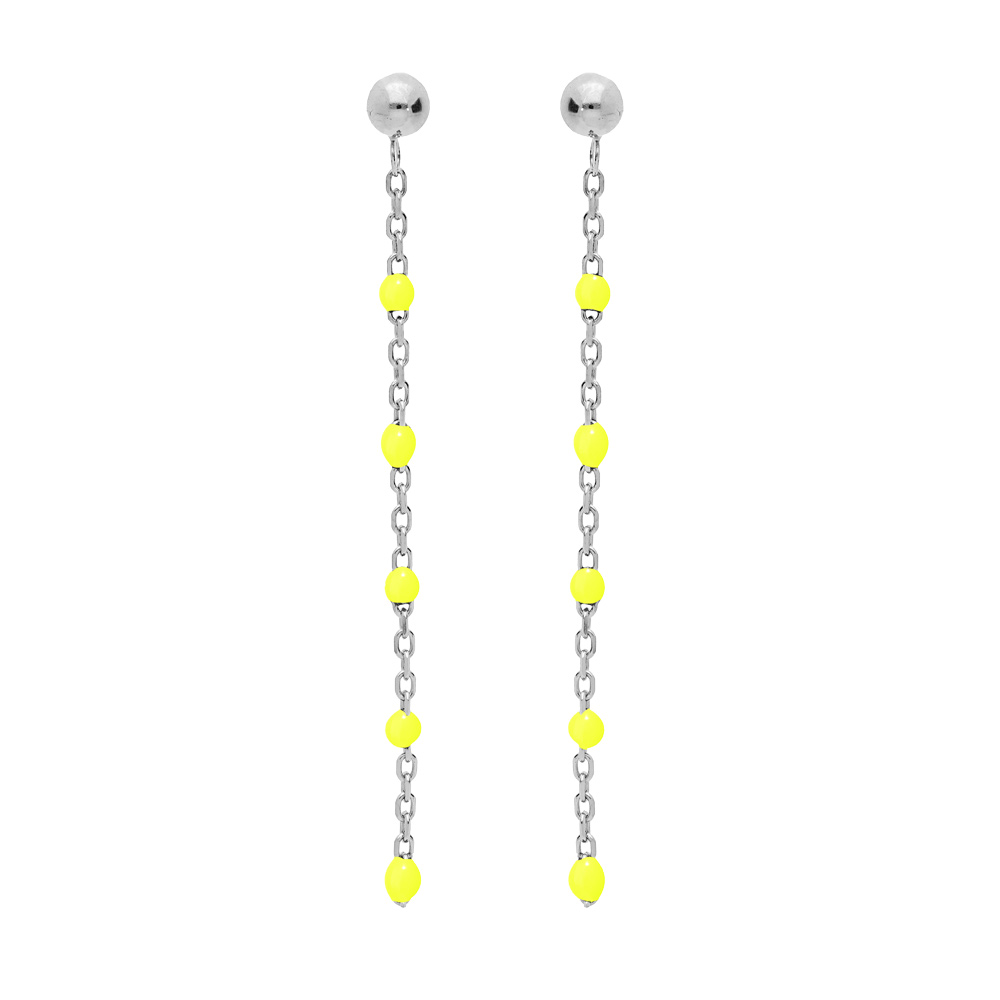 Boucles d\'oreille en argent rhodi� cha�nette avec olives couleur jaune fluo et fermoir poussette - Vue 1
