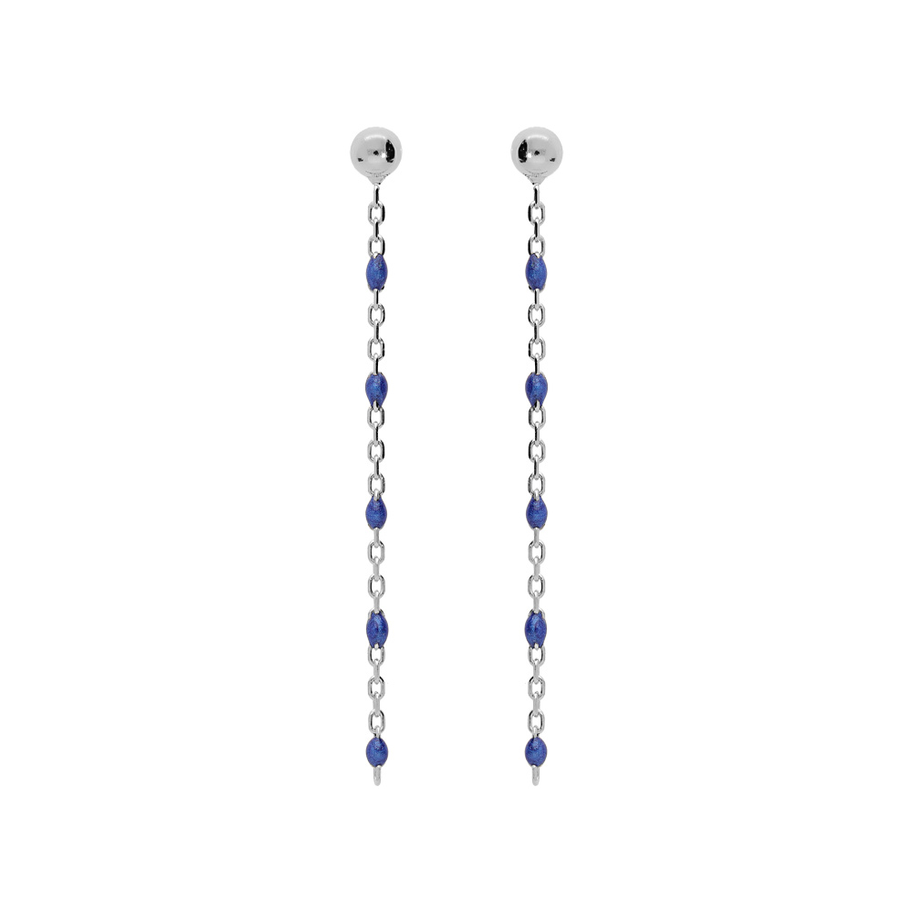 Boucles d\'oreille en argent rhodi� cha�nette avec perles bleu fonc� et fermoir poussette - Vue 1